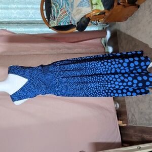 London Times Blue Polka Dot V-Neck Maxi Dress